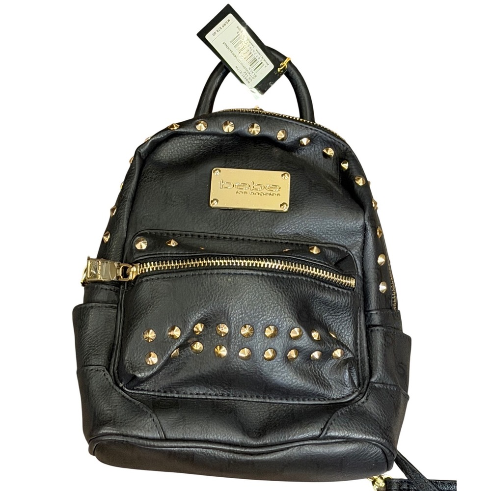NWT Bebe Jetsetter Stud Mini Backpack Black Gold Faux Leather Small Purse